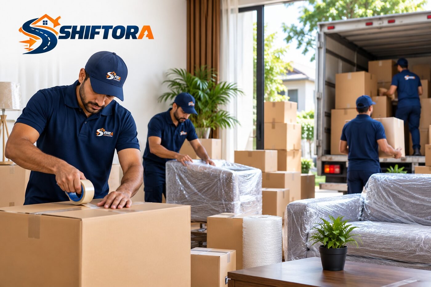 Shiftora team taping and packing cartons during a home shifting job