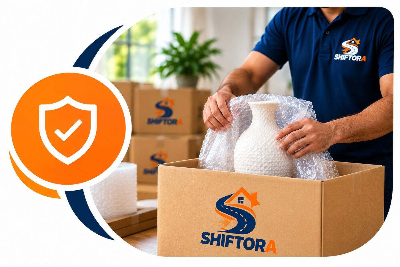 Shiftora crew wrapping a fragile vase in bubble wrap before packing