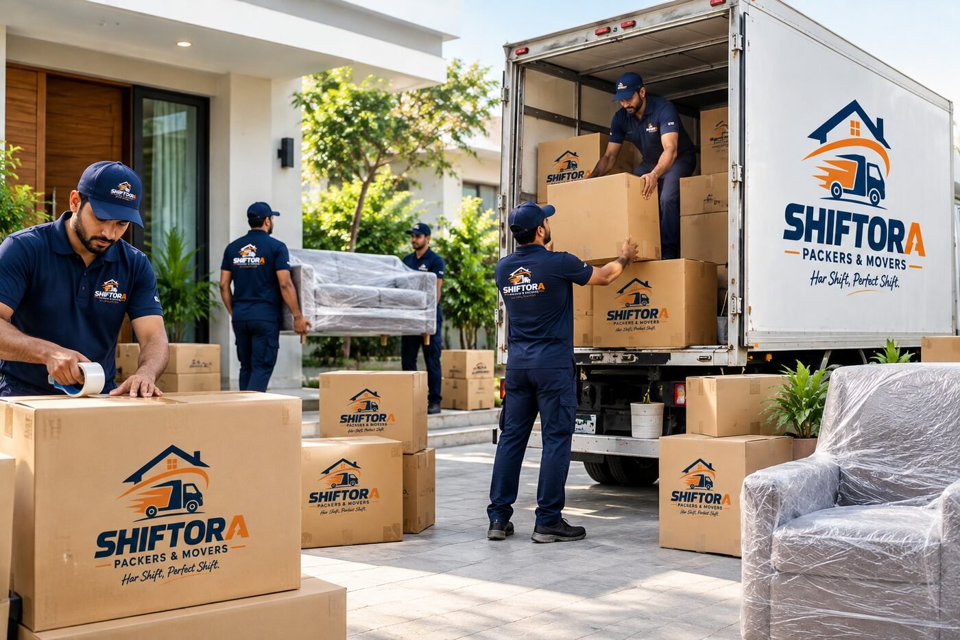 Shiftora movers loading packed cartons into a moving truck